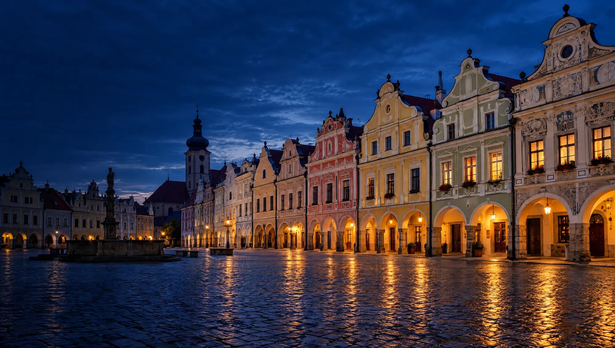 Historické náměstí s barevnými domy za soumraku